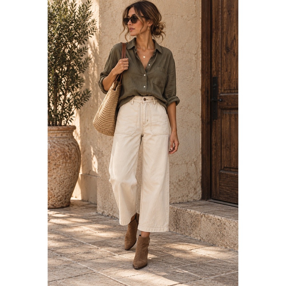 Masscob Cream High Rise Wide Leg Utility Jeans Cotton Pants Size 36 Spain